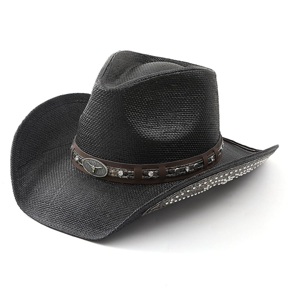 4141 Straw Black Cowboy Hat and with Leather Band & Longhorn Emblem